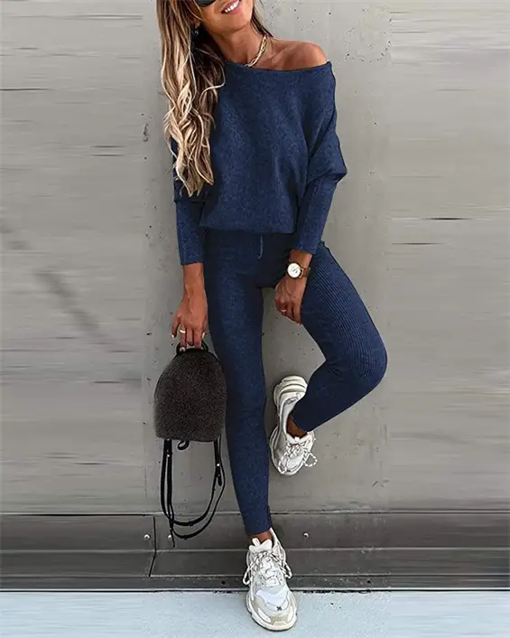 Women 2026 Off-Shoulder Sweatpants Set Solid Gray - Image 3