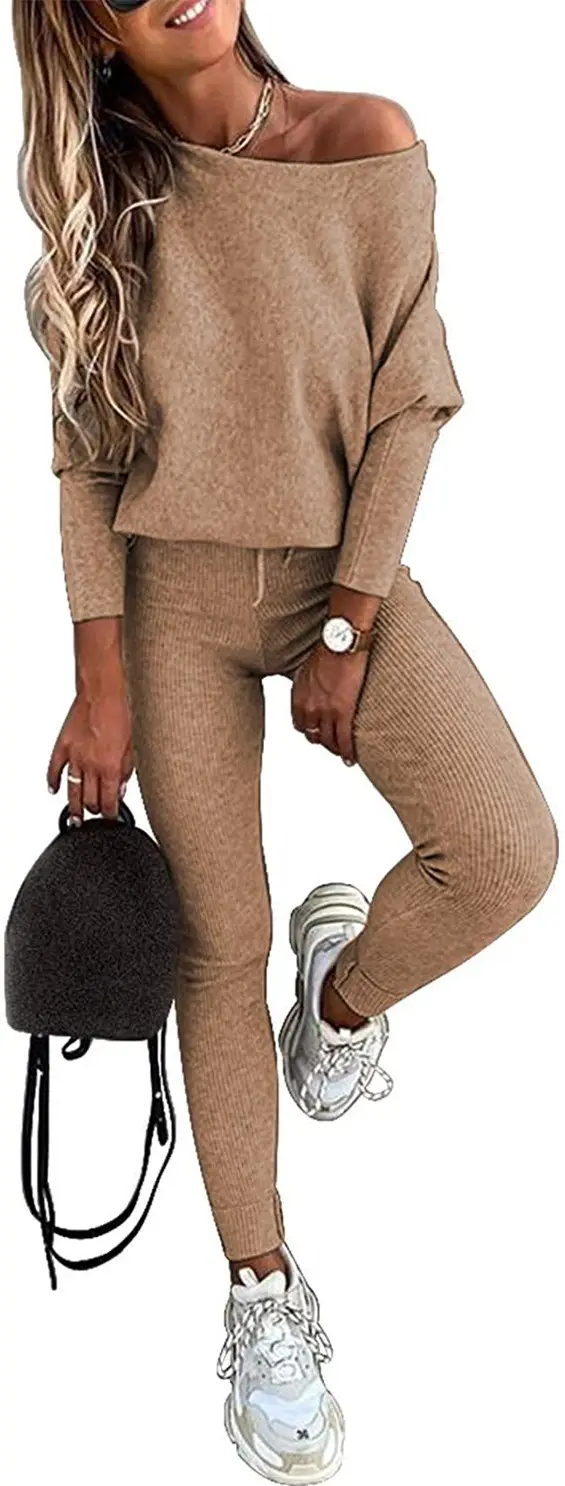 Women 2026 Off-Shoulder Sweatpants Set Solid Gray - Image 4