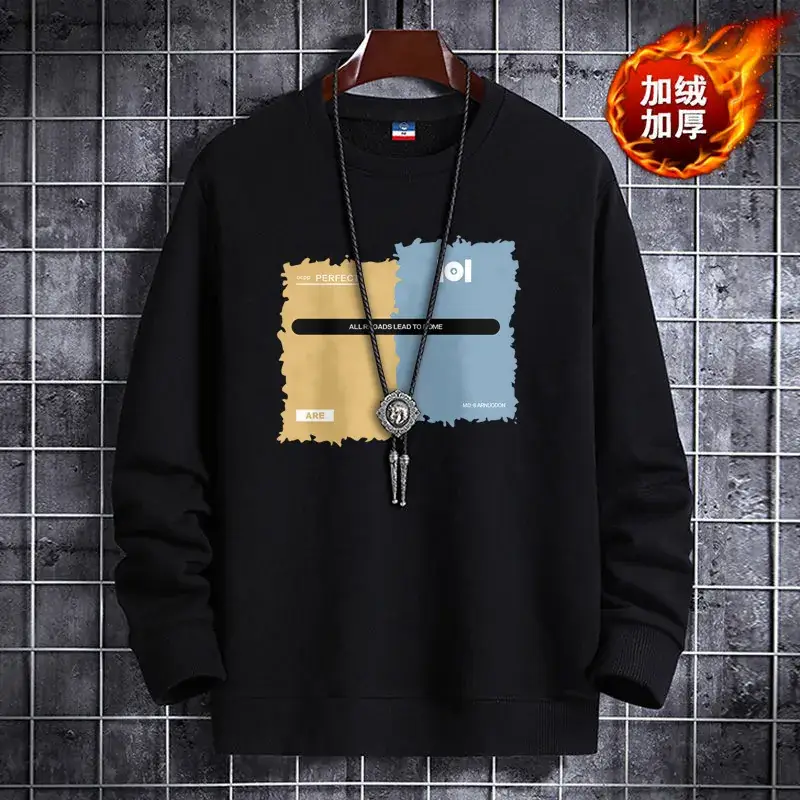 Men Fleece Sweatshirt Black Long Sleeve Winter Warm - Image 2