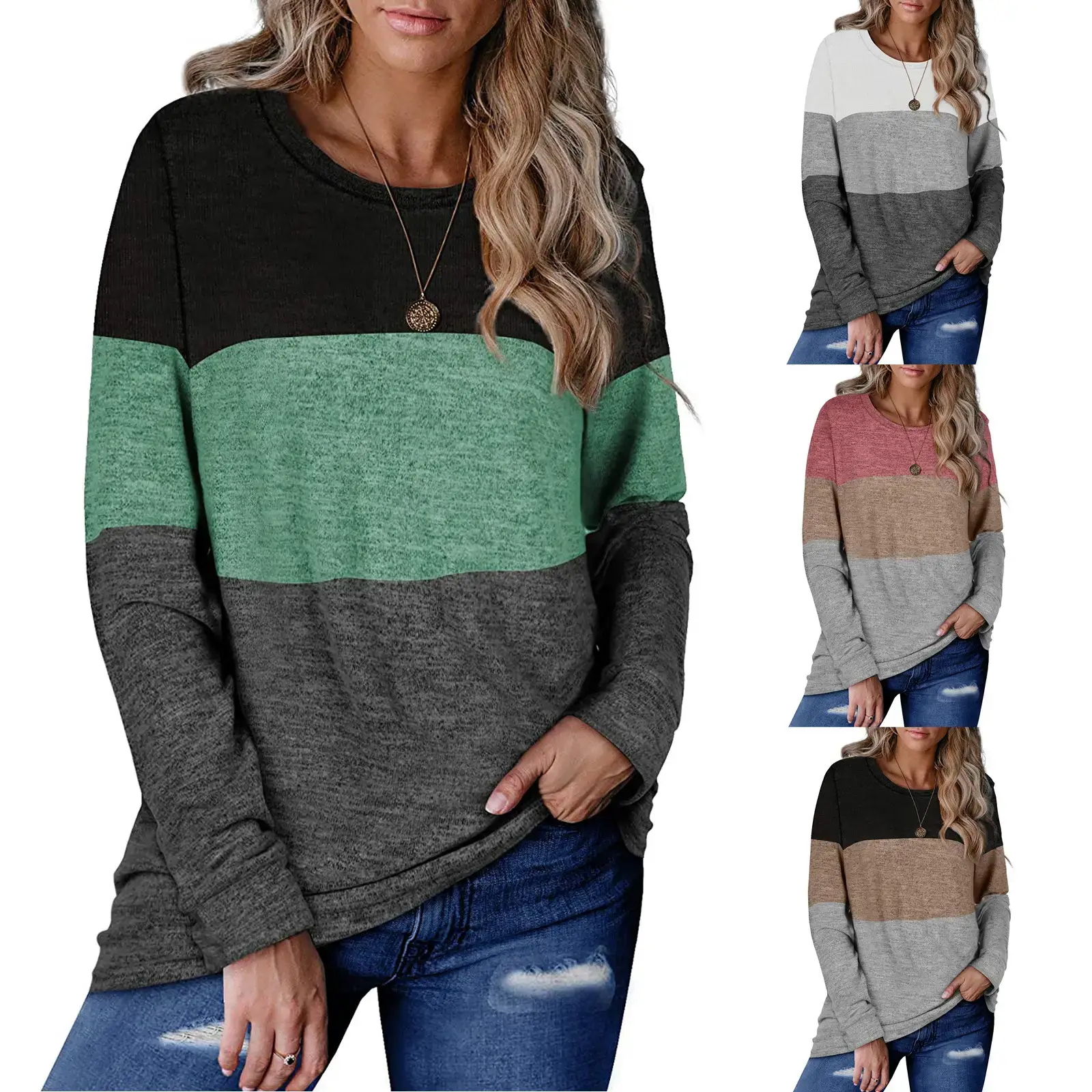 Women's Color Block Round Neck Sweatshirt Set - Image 4