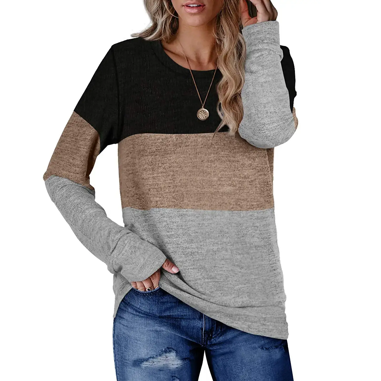Women's Color Block Round Neck Sweatshirt Set — feature 4