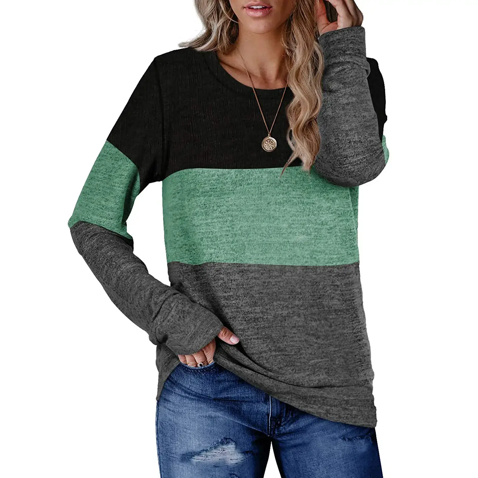 Women's Color Block Round Neck Sweatshirt Set — feature 7