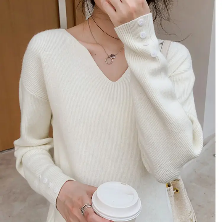 Women's Brown V-Neck Long Sleeve Sweater Top - Image 8