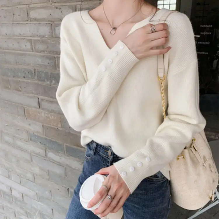 Women's Brown V-Neck Long Sleeve Sweater Top — feature 2