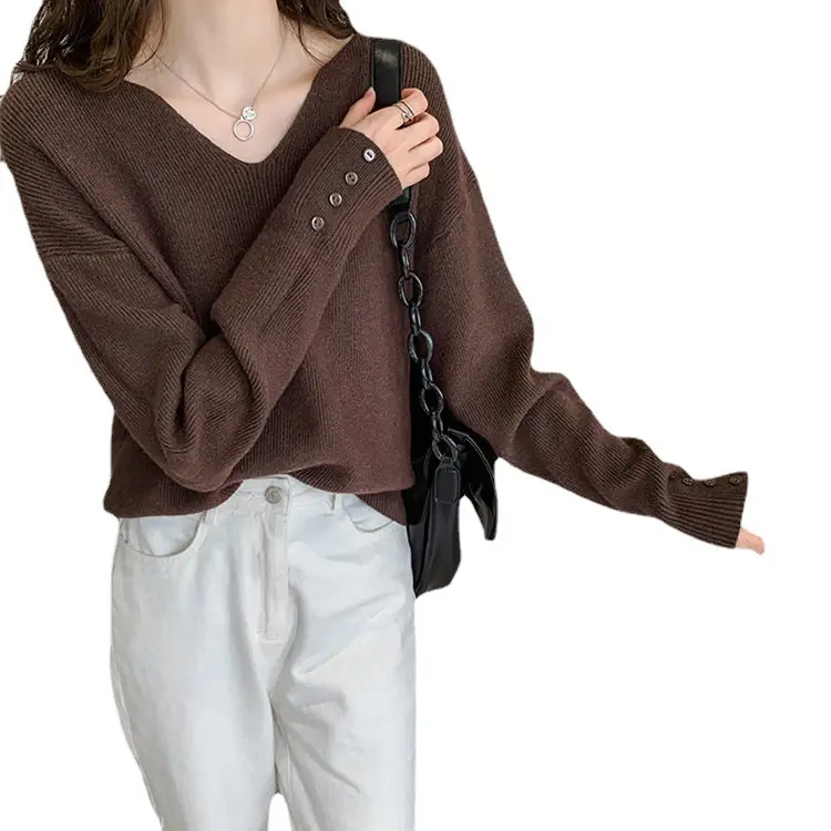 Women's Brown V-Neck Long Sleeve Sweater Top - Image 9
