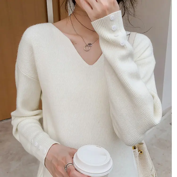 Women's Brown V-Neck Long Sleeve Sweater Top — feature 3