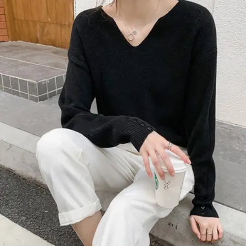 Women's Brown V-Neck Long Sleeve Sweater Top - Image 2