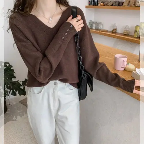 Women's Brown V-Neck Long Sleeve Sweater Top - Image 4