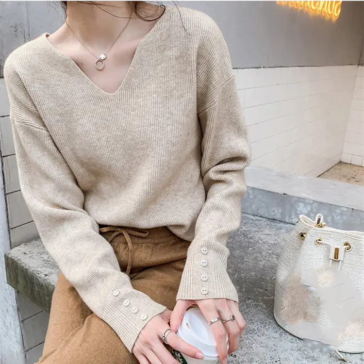 Women's Brown V-Neck Long Sleeve Sweater Top — feature 1
