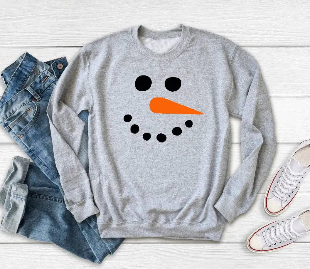 Grey Snowman Face Sweatshirt Round Neck Long Sleeve - Image 2