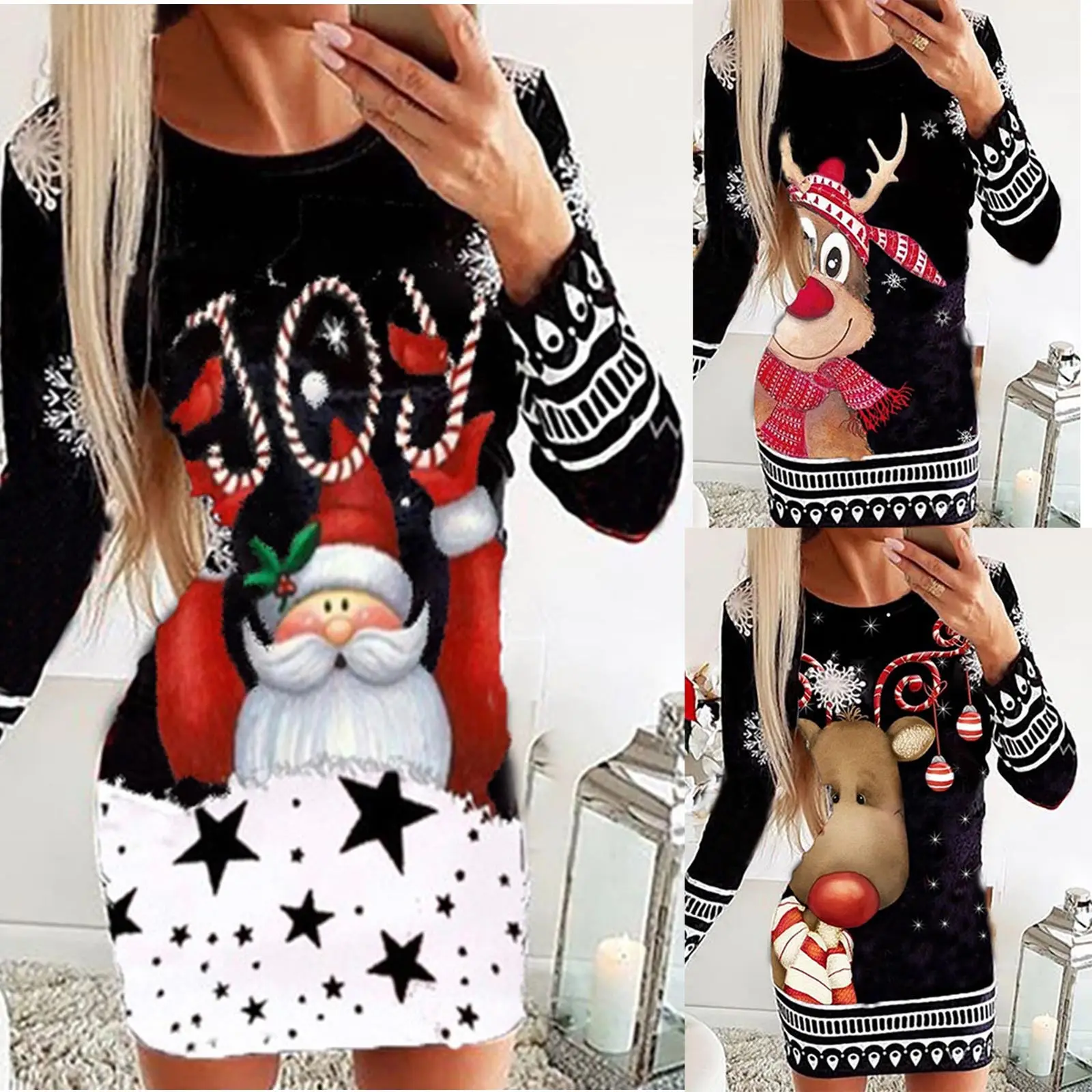 2022 Christmas Printed Long Sleeve Crewneck Turtleneck Hip Dress - Image 4