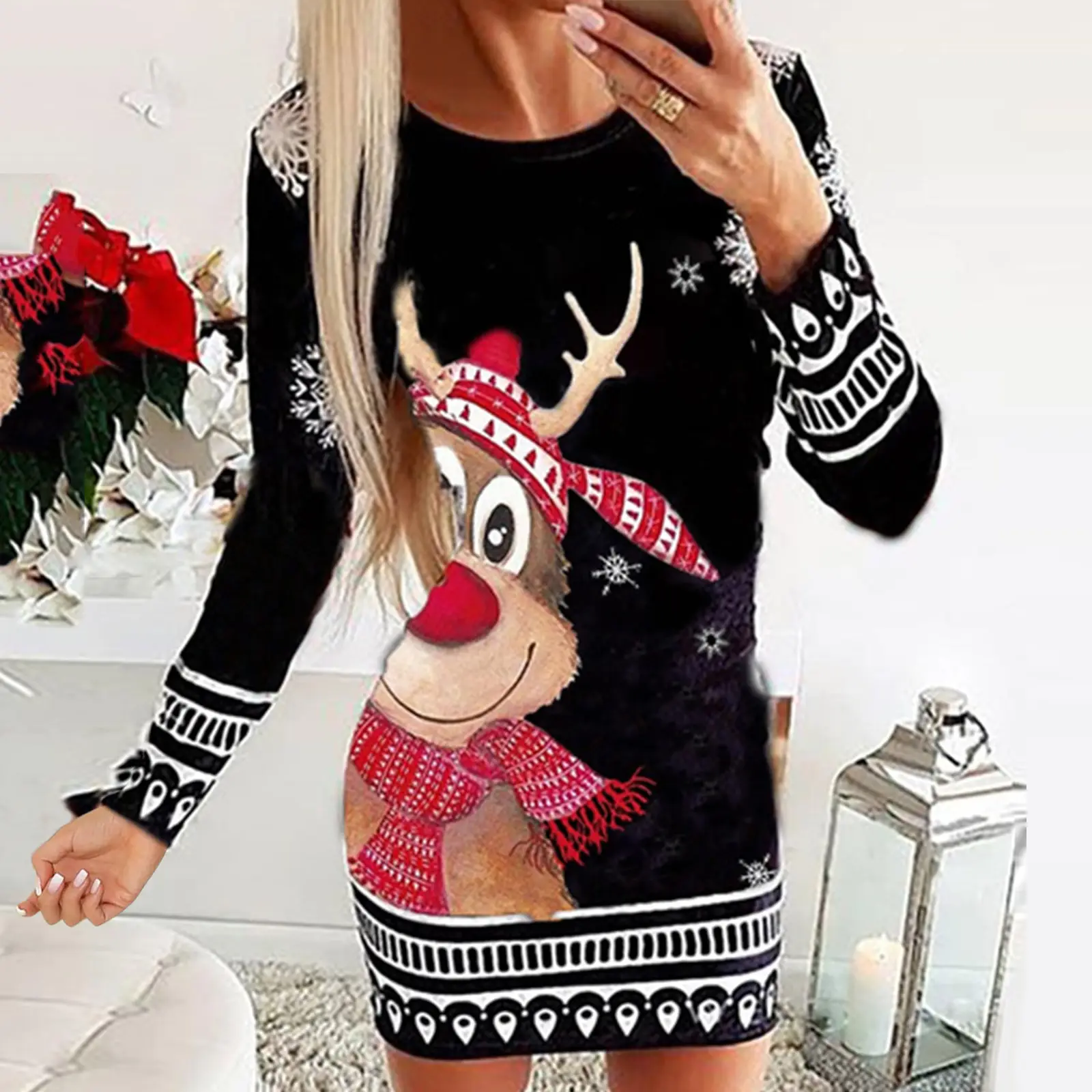 2022 Christmas Printed Long Sleeve Crewneck Turtleneck Hip Dress - Image 2
