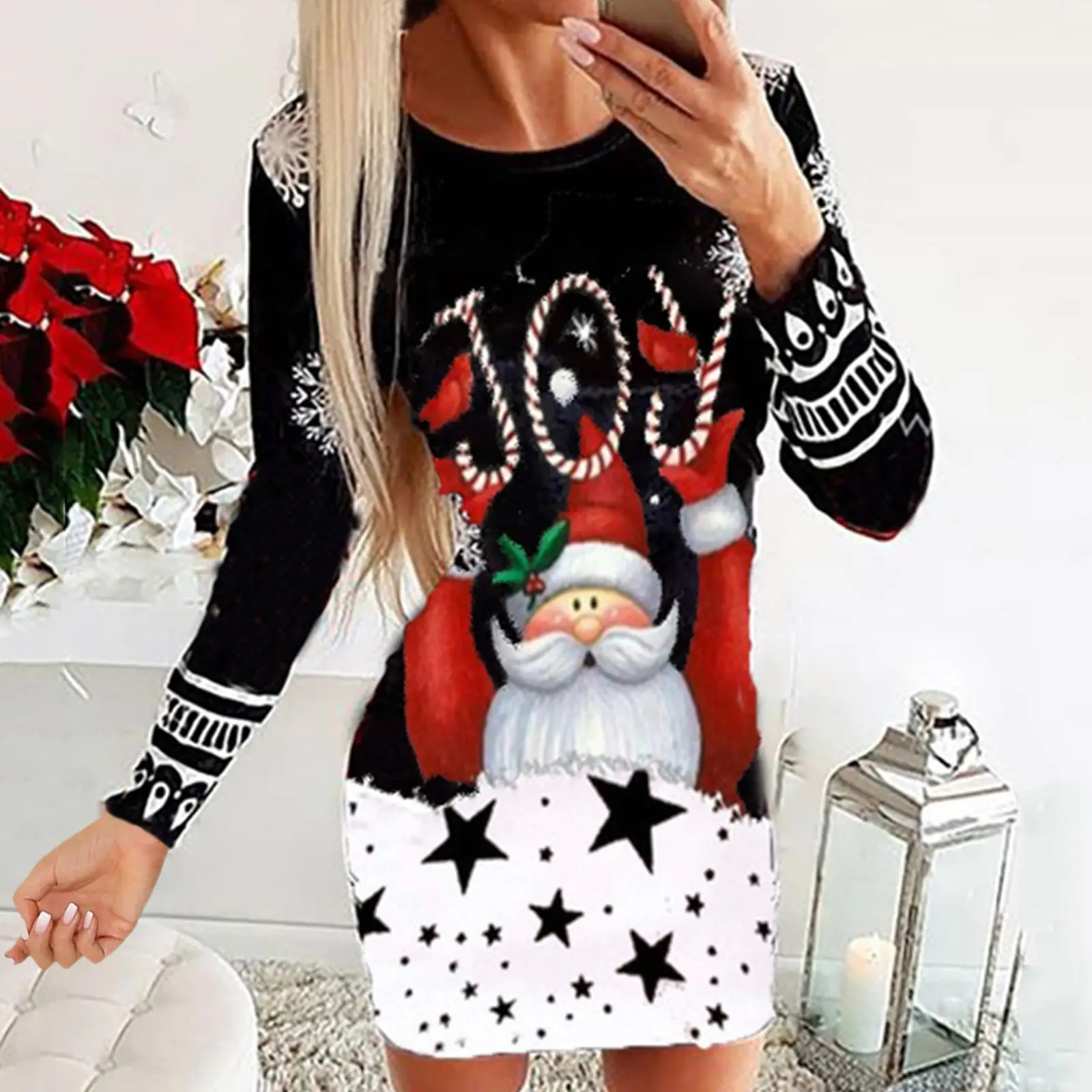 2022 Christmas Printed Long Sleeve Crewneck Turtleneck Hip Dress - Image 3