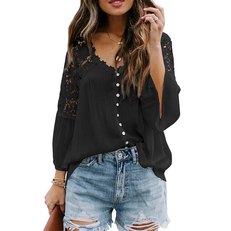 Women Lace Long Sleeve V-Pullup Shirt - Image 6