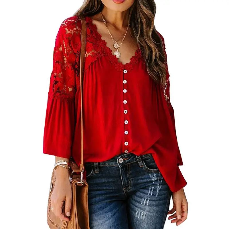 Women Lace Long Sleeve V-Pullup Shirt - Image 9