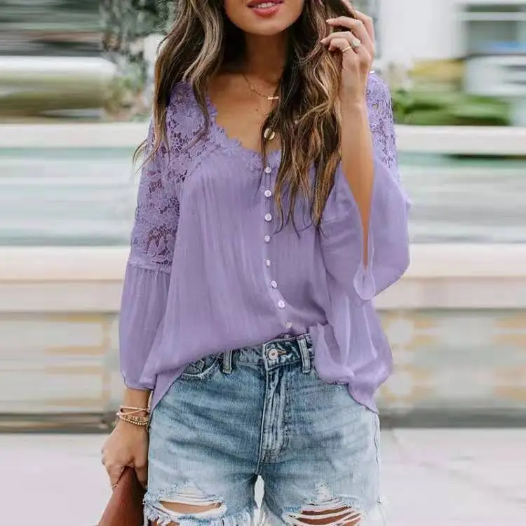 Women Lace Long Sleeve V-Pullup Shirt - Image 2