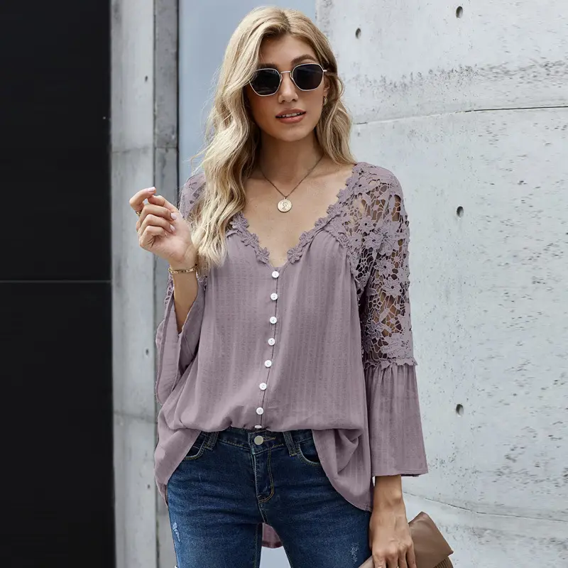 Women Lace Long Sleeve V-Pullup Shirt - Image 4