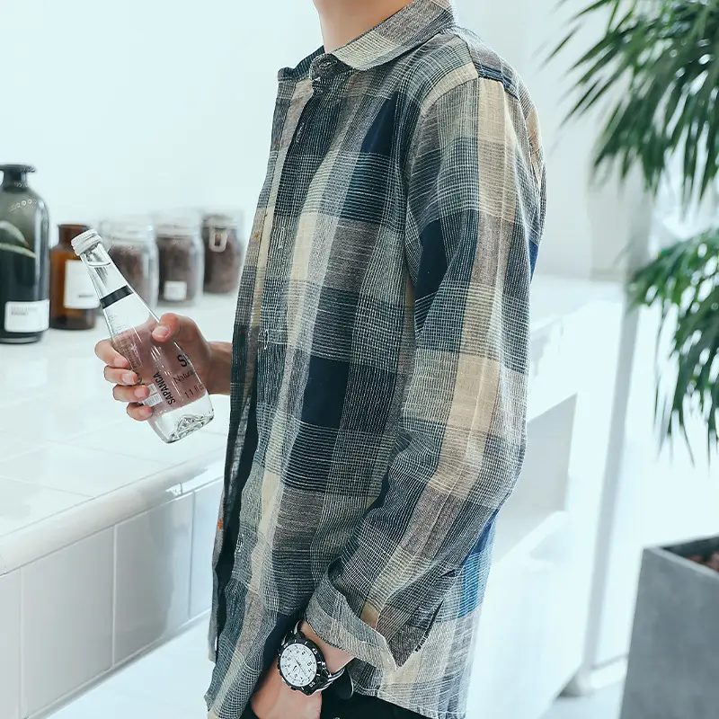 Men's Long Sleeve Plaid Shirt Sunscreen Korean Style