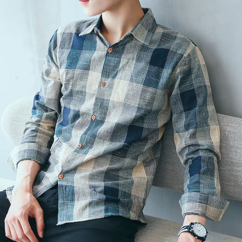Men's Long Sleeve Plaid Shirt Sunscreen Korean Style
