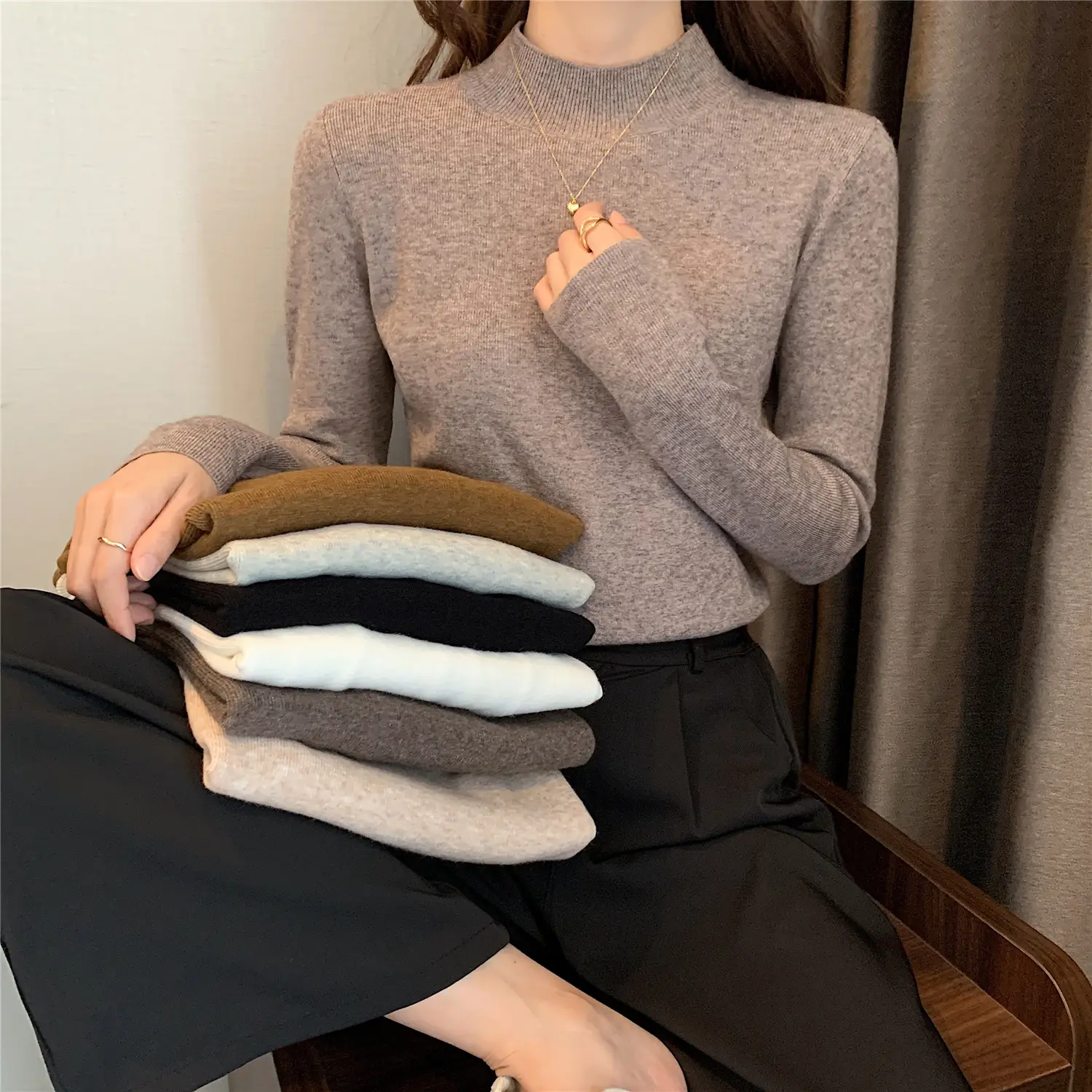 Women's Black Half Turtleneck Sweater with Chain Crossbody - Image 10