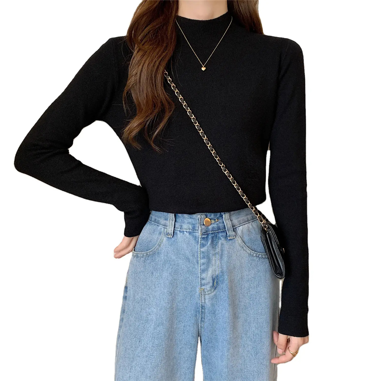 Women's Black Half Turtleneck Sweater with Chain Crossbody - Image 11