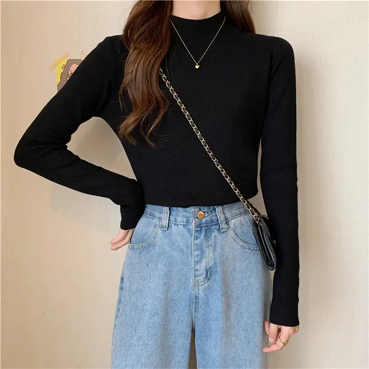 Women's Black Half Turtleneck Sweater with Chain Crossbody — feature 23