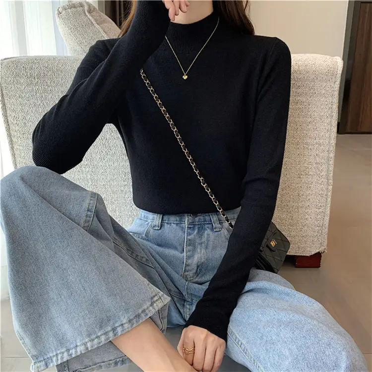 Women's Black Half Turtleneck Sweater with Chain Crossbody — feature 24