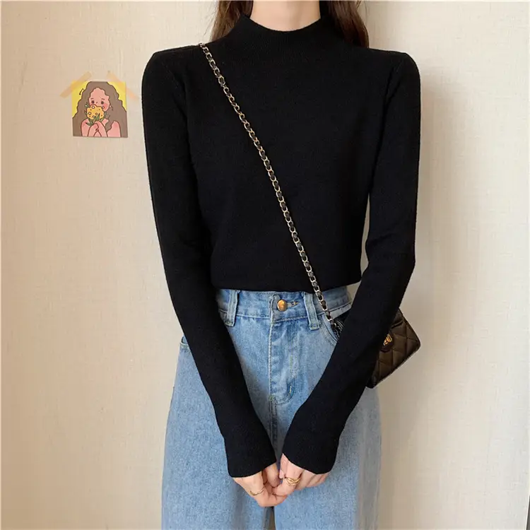 Women's Black Half Turtleneck Sweater with Chain Crossbody — feature 25