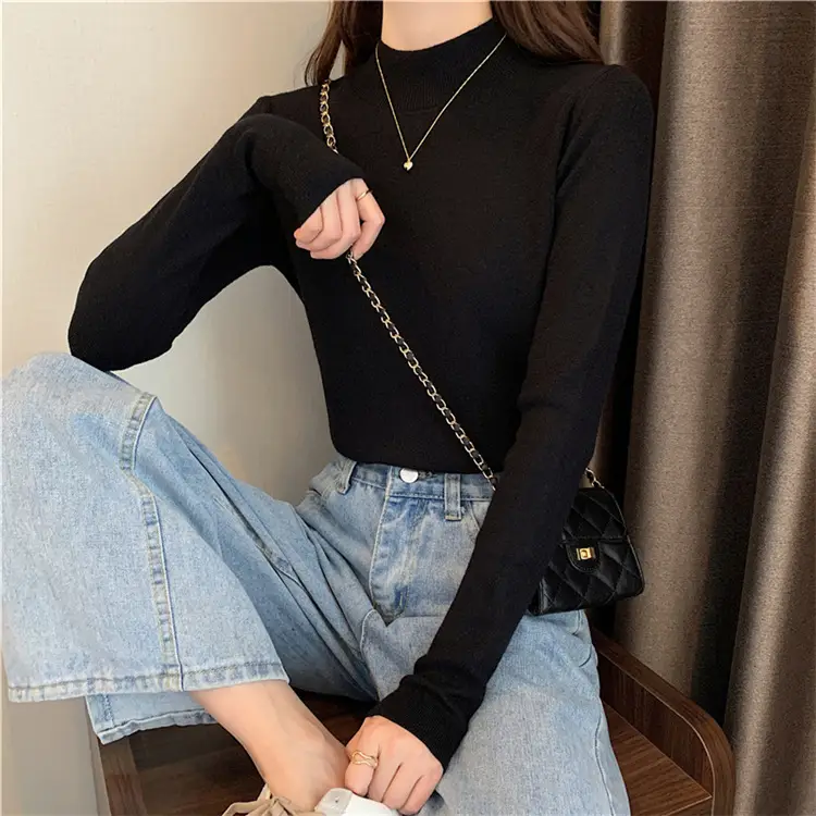 Women's Black Half Turtleneck Sweater with Chain Crossbody — feature 26