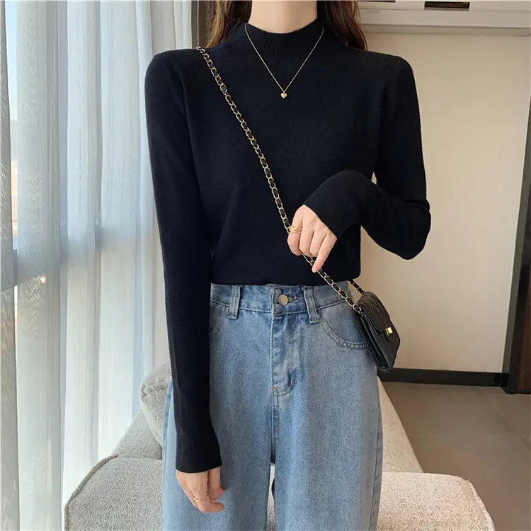 Women's Black Half Turtleneck Sweater with Chain Crossbody — feature 27