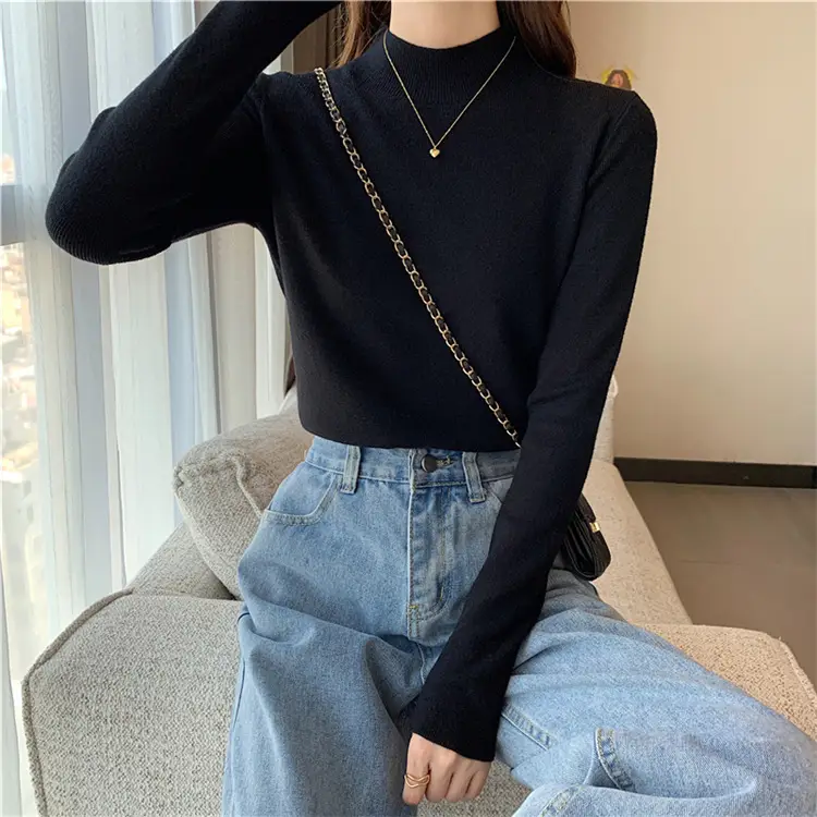 Women's Black Half Turtleneck Sweater with Chain Crossbody — feature 28