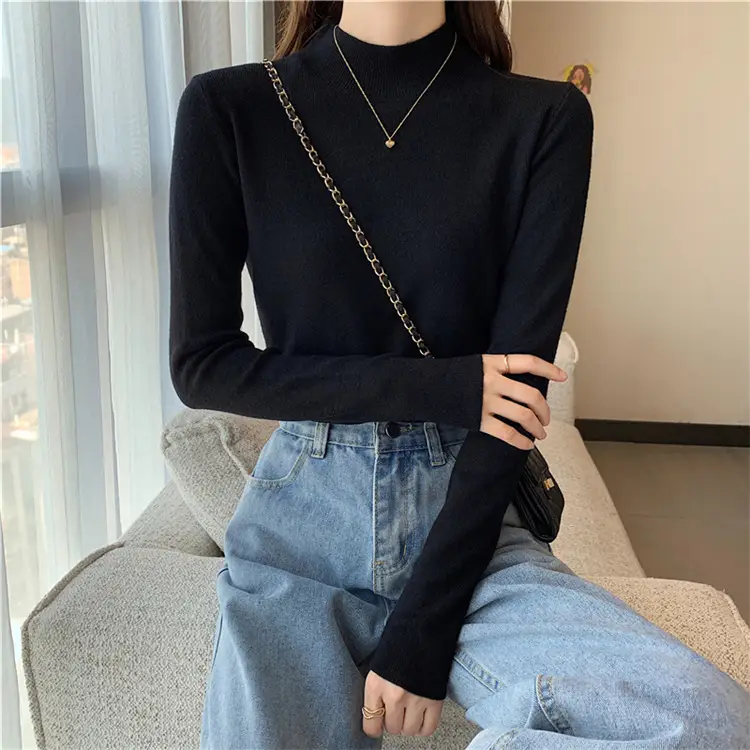 Women's Black Half Turtleneck Sweater with Chain Crossbody — feature 29