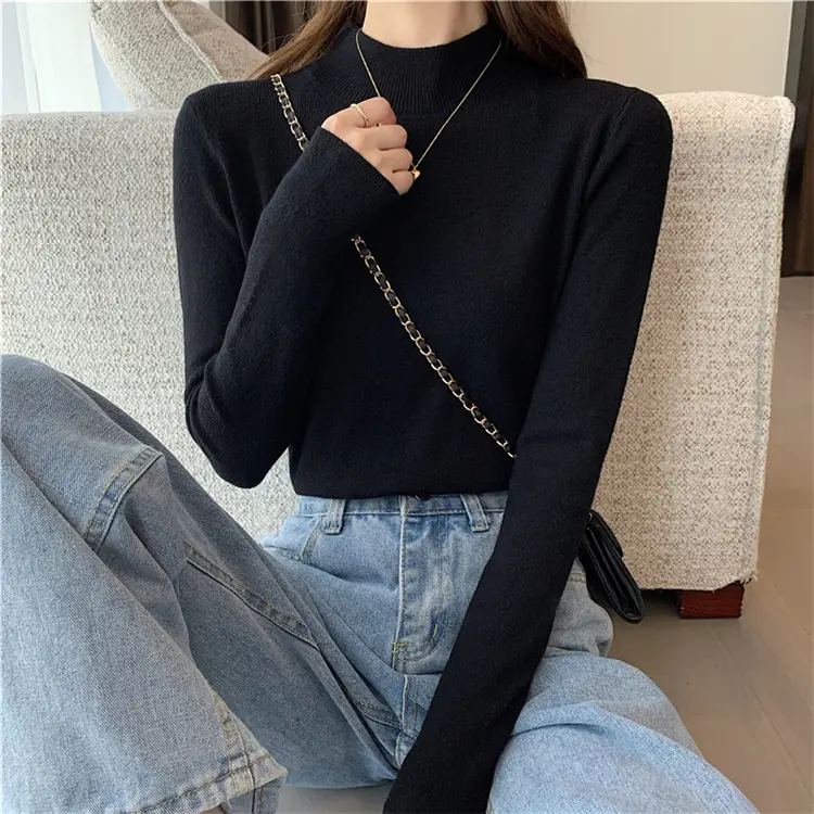 Women's Black Half Turtleneck Sweater with Chain Crossbody — feature 30