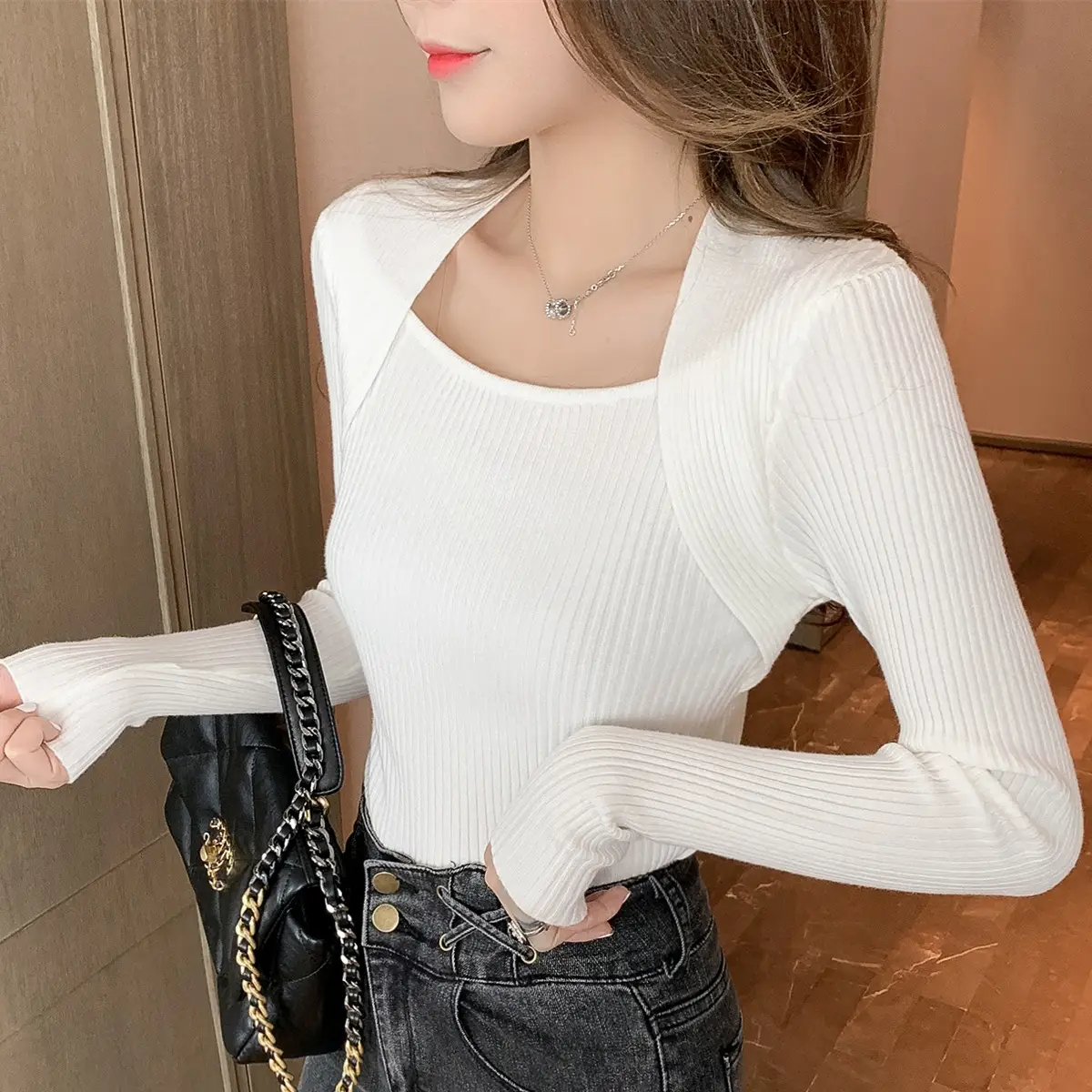 Women Slim Knit U-Neck Sweater Set Brown