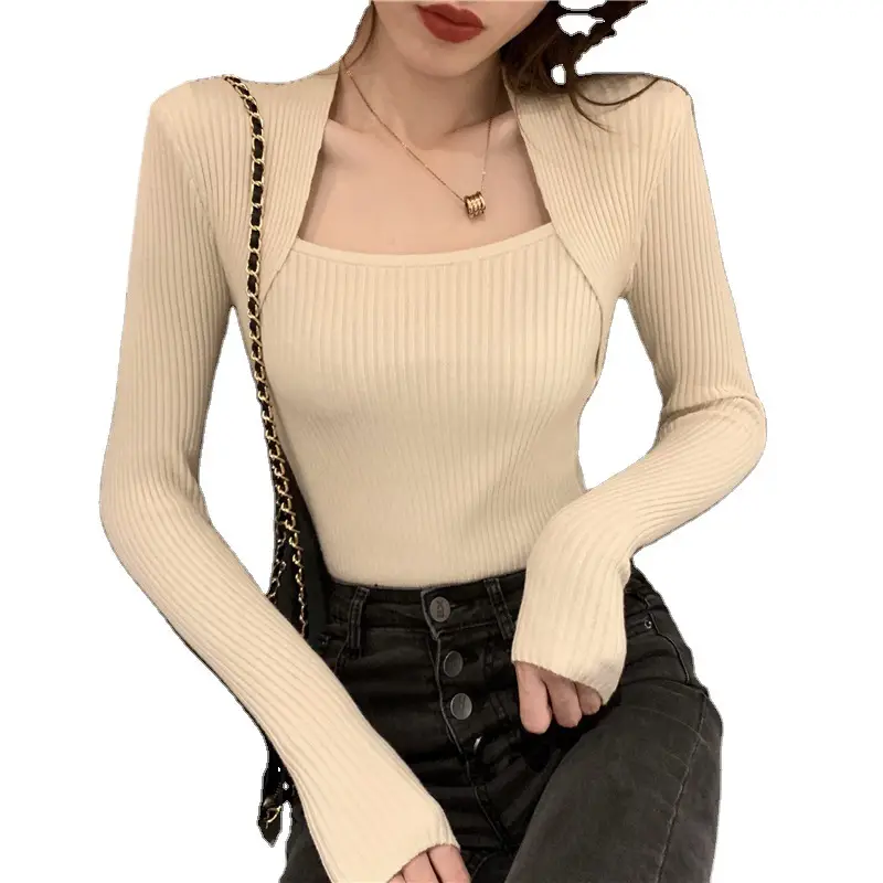 Women Slim Knit U-Neck Sweater Set Brown