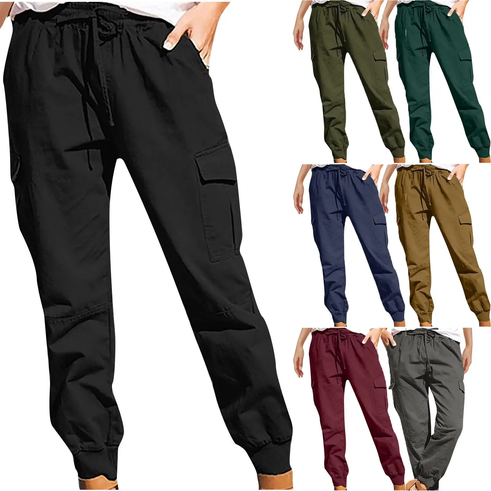 Women's Green Cotton Trousers with Pocket & Drawstring Waist