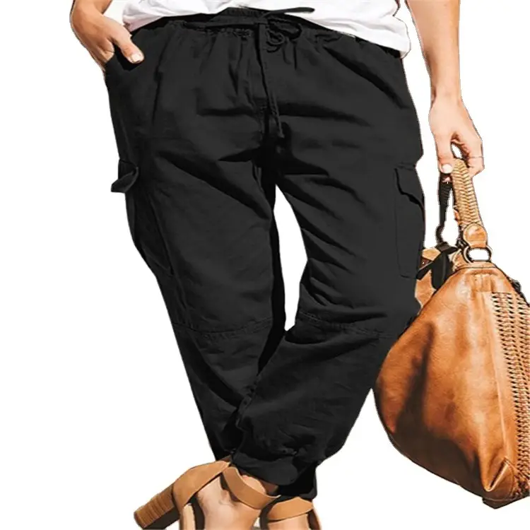 Women's Green Cotton Trousers with Pocket & Drawstring Waist