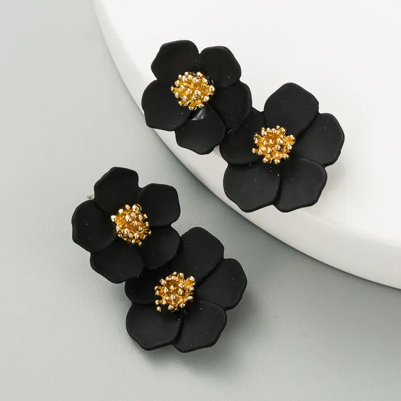 Black Flower Earrings for Women Silver Pin Earrings - Image 9