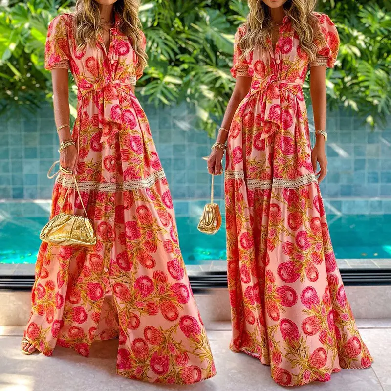 Women Printed Long Sleeve Floral Gown Dress