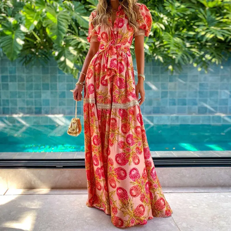 Women Printed Long Sleeve Floral Gown Dress