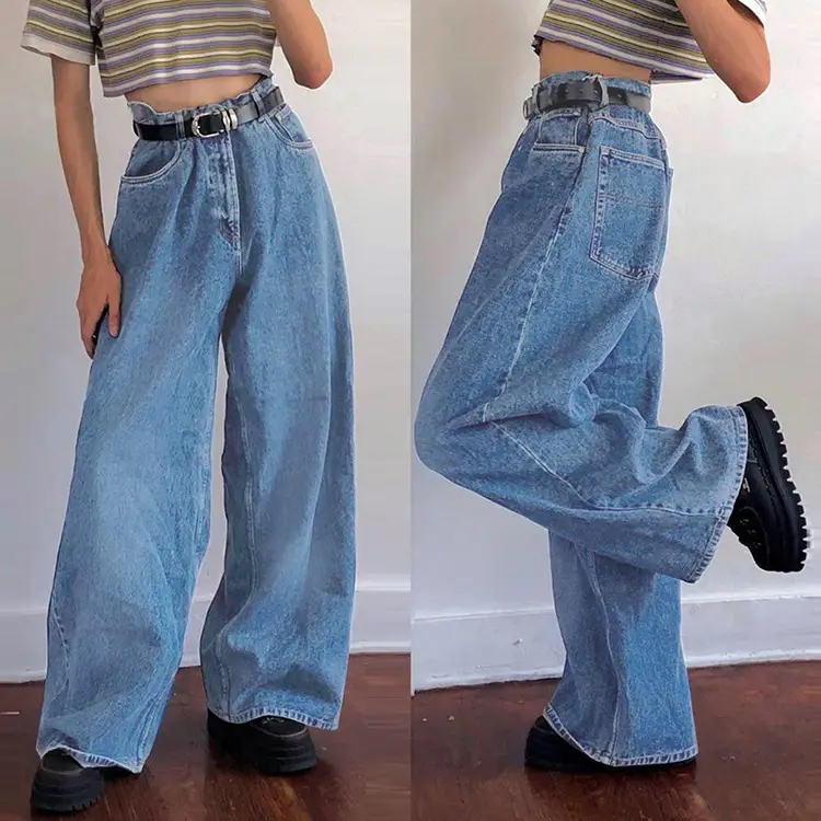 2021 Wide Leg Blue Denim Pants High Waist Classic Fit - Image 5