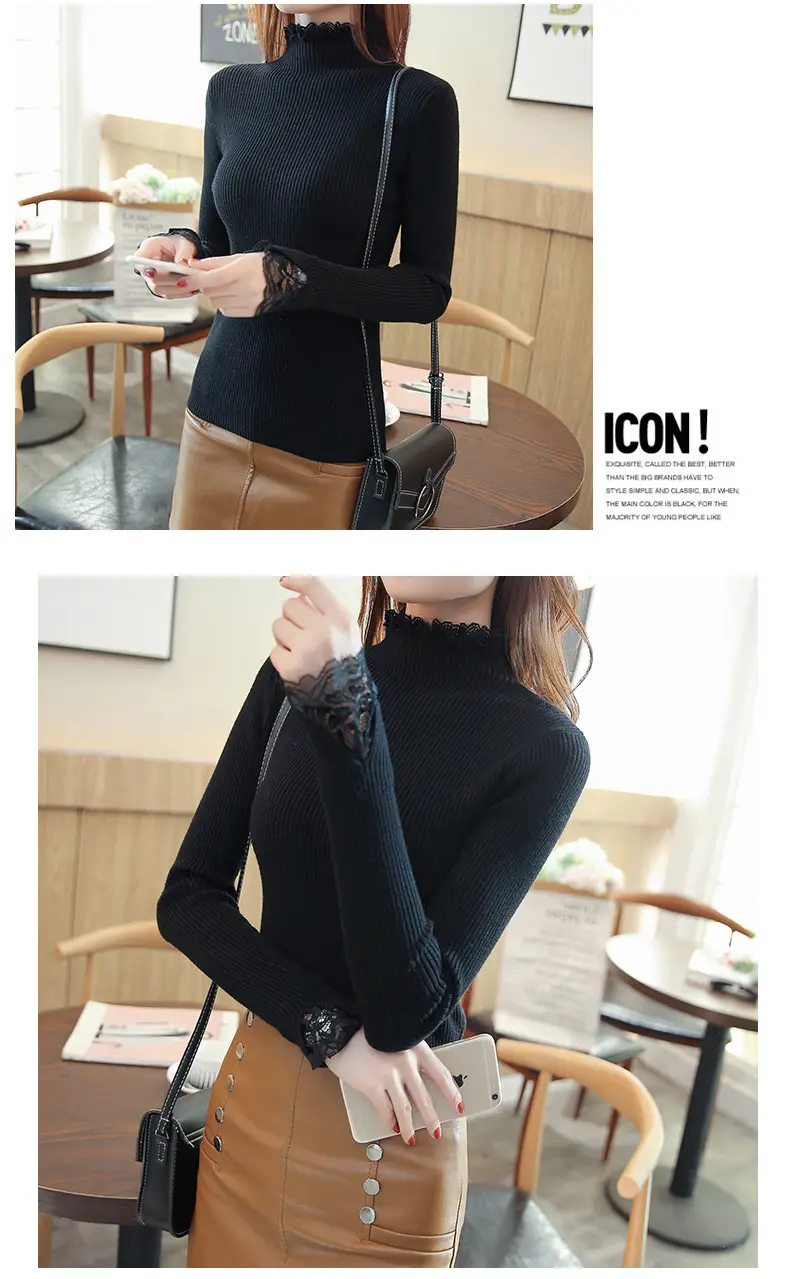 Women's Black Half-Turtleneck Knitted Sweater Slim Fit — feature 4