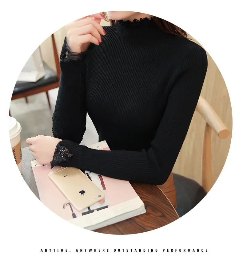 Women's Black Half-Turtleneck Knitted Sweater Slim Fit — feature 5