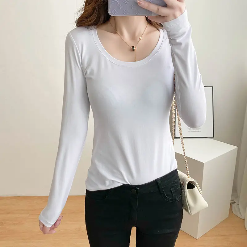 Women's White Long Sleeve Slim Fit Round Neck Top - Image 10