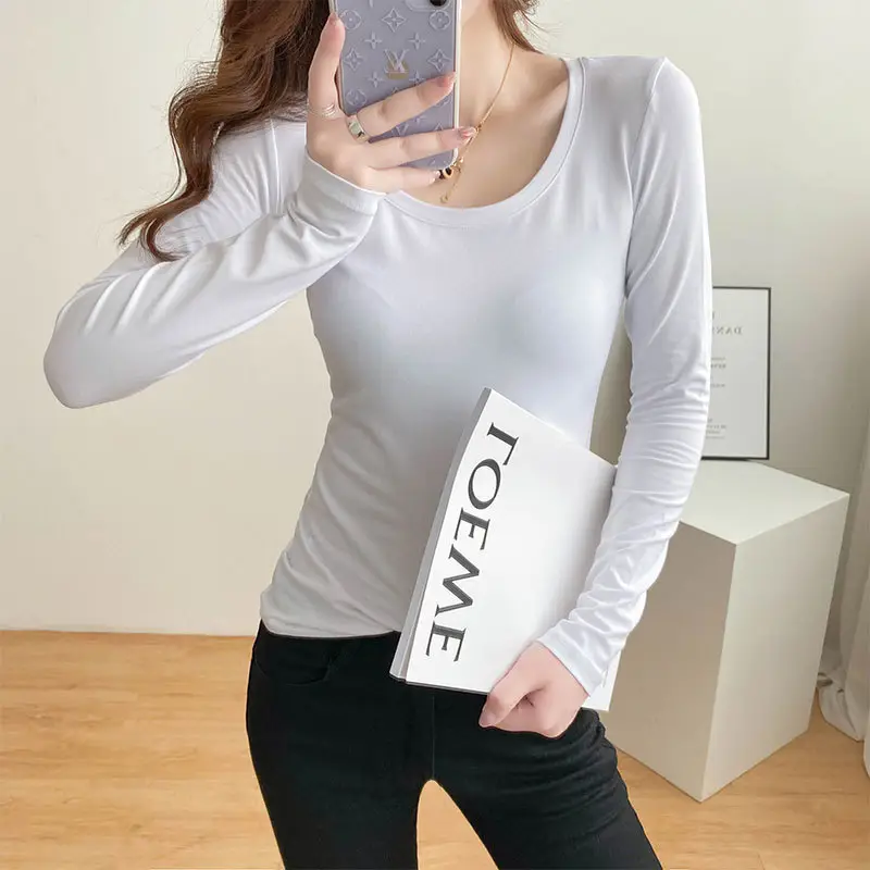 Women's White Long Sleeve Slim Fit Round Neck Top - Image 11