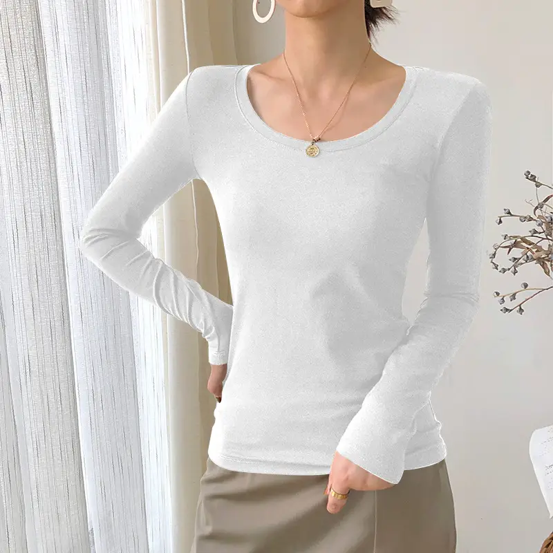 Women's White Long Sleeve Slim Fit Round Neck Top - Image 2
