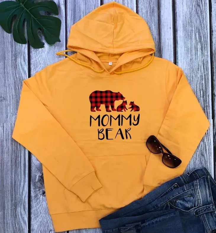 White Mommy Bear Hoodie with Plaid Elephant Print