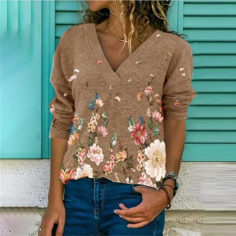Women V-Neck Floral Pullover T-Shirt Brown - Image 7