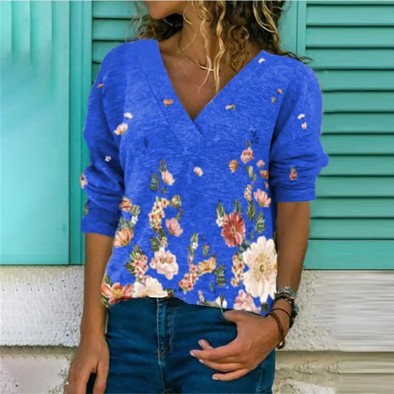 Women V-Neck Floral Pullover T-Shirt Brown - Image 4