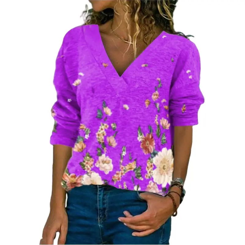 Women V-Neck Floral Pullover T-Shirt Brown - Image 8